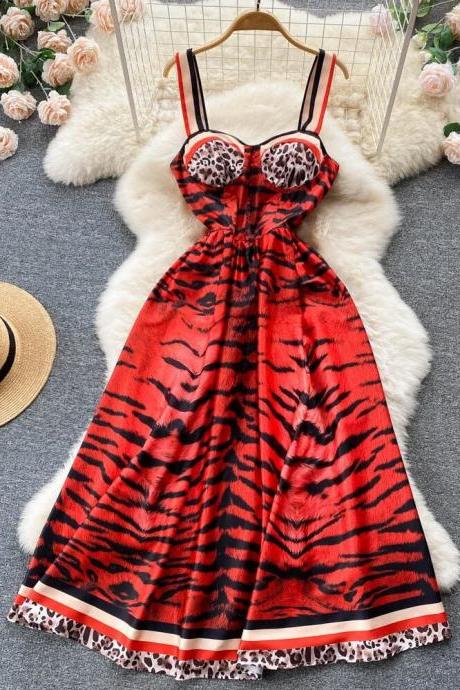 Women Vintage Party Dress Summer Leopard Print Three-dimensional Midi Dresses Ladies Elegant A Line High Waist Long Robe