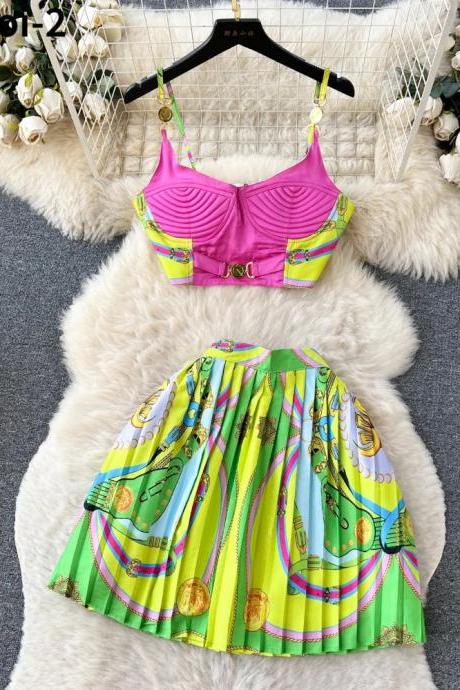 Vibrant Pink Crop Top And Printed Pleated Skirt Set