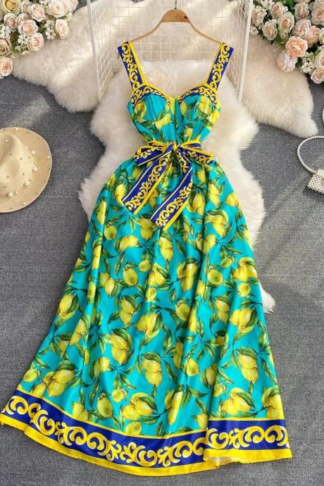 Elegant Lemon Print Summer Midi Dress With Belt