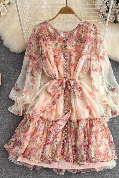 Bohemian Floral Print Long Sleeve Dress With Belt