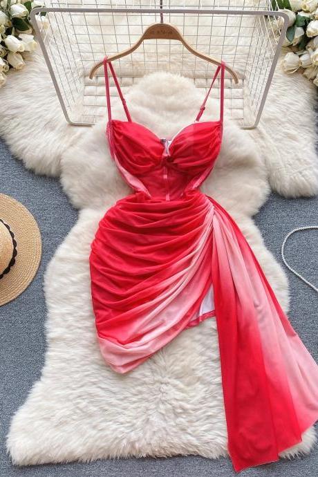 Elegant Red Satin Draped Evening Gown With Scarf