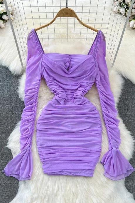 Elegant Long Sleeve Satin Bodycon Mini Dress Purple