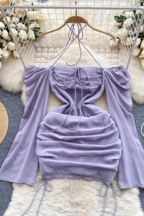 Womens Lilac Off-shoulder Ruched Crop Top Blouse