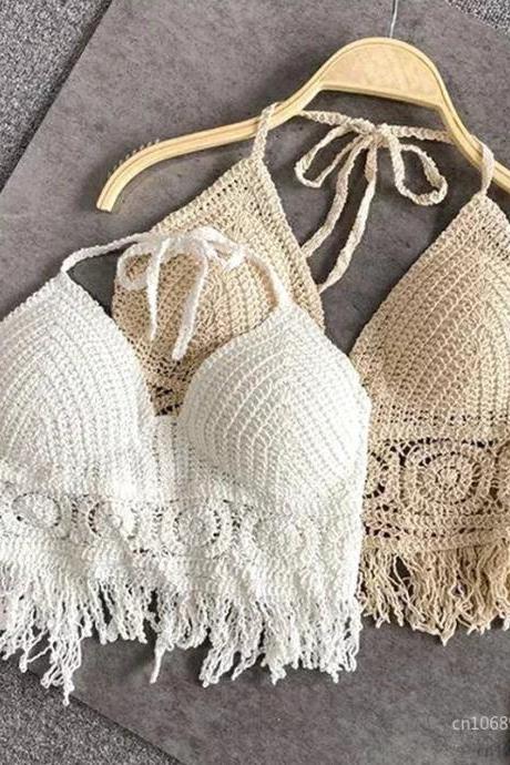 Bohemian Crochet Fringe Halter Crop Top Beachwear Set