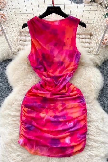 Womens Sleeveless Backless Tie-dye Bodycon Dress