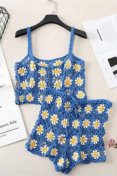 Handmade Blue And Yellow Crochet Lace Crop Top Set