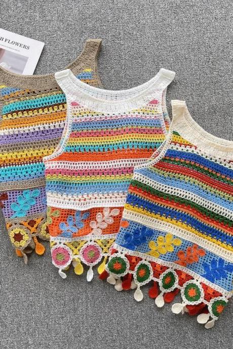Bohemian Crochet Knit Sleeveless Tassel Trim Tank Tops