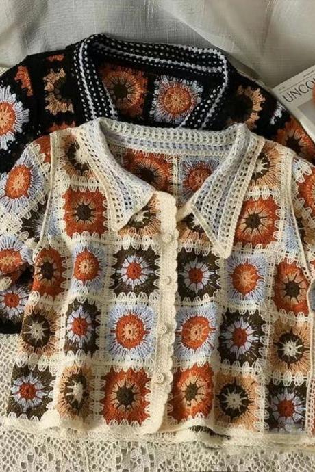 Vintage Crochet Floral Granny Square Cardigan Sweater