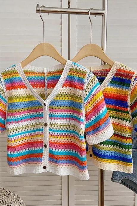 Handmade Colorful Striped Crochet Cardigan For Women