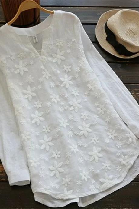 Womens Casual Embroidered Floral White Cotton Tunic Blouse