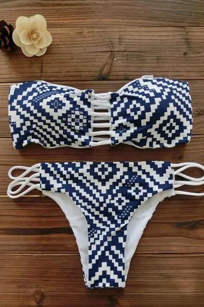 Womens Geometric Pattern Lace-up Bandeau Bikini Set