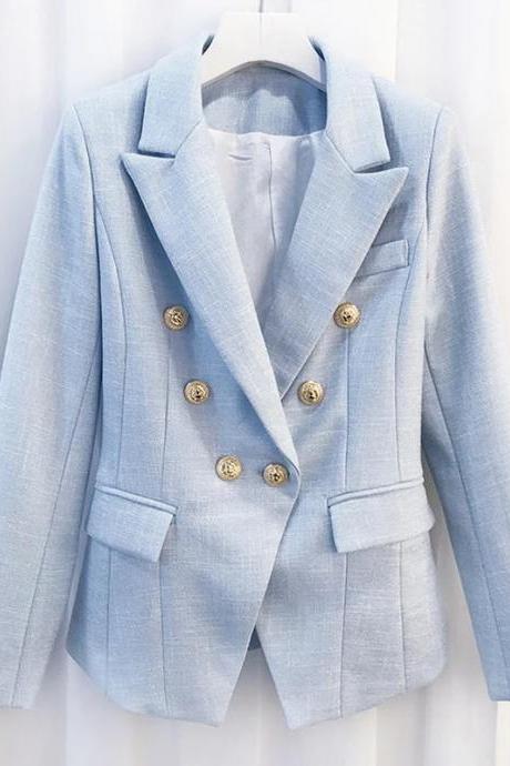 Womens Light Blue Double-breasted Linen Blazer Jacket