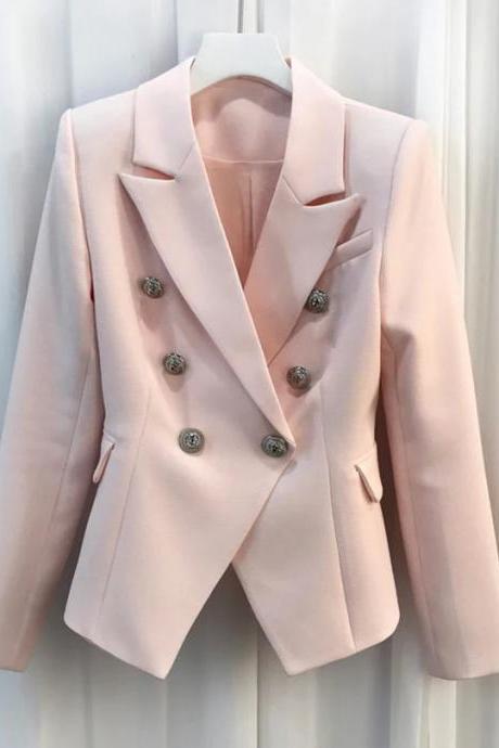 Elegant Pink Double-breasted Womens Blazer Jacket