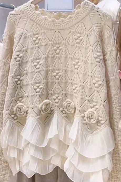 Womens Beige Floral Knit Sweater With Ruffle Trim