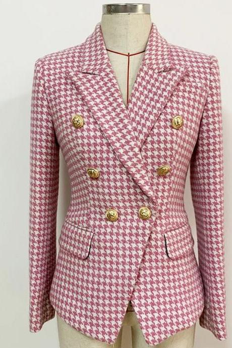 Womens Houndstooth Double-breasted Pink Blazer Jacket