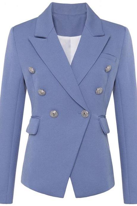 Elegant Double-breasted Periwinkle Blazer With Silver Buttons