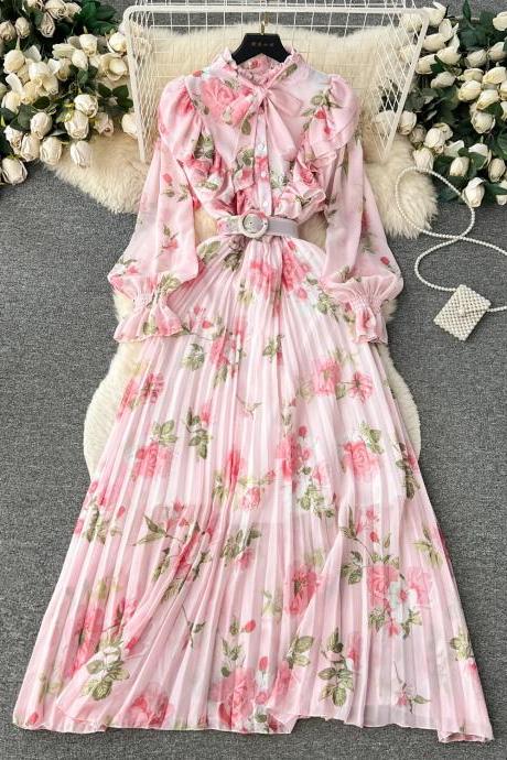 Elegant Floral Print Pleated Chiffon Maxi Dress With Belt