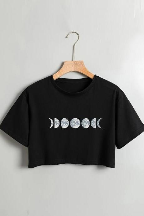 Womens Moon Phases Graphic Crop Top Tee Black