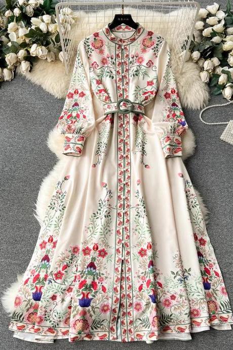 Womens Elegant Floral Embroidered Long Sleeve Maxi Dress