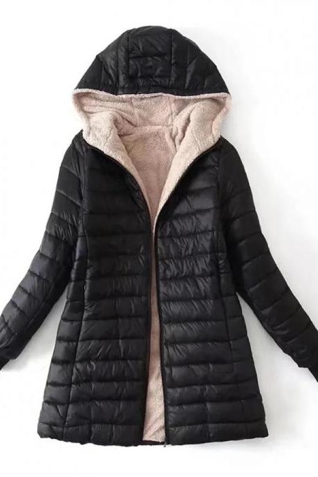 Womens Hooded Fleece-lined Long Winter Coat Jacket