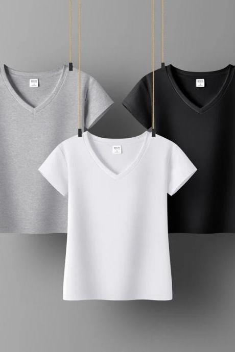 Classic V-neck Short Sleeve T-shirt - Basic Solid Colors