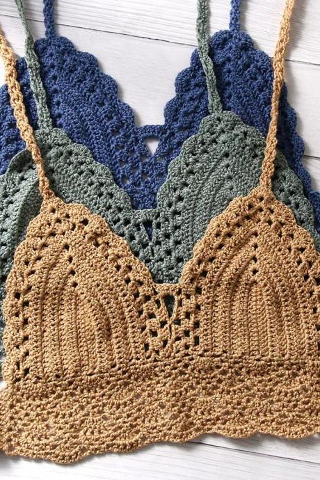 Bohemian Crochet Knitted Halter Tops In Earthy Tones