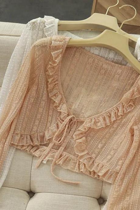 Bohemian Ruffle Lace-up Front Beige Blouse For Women