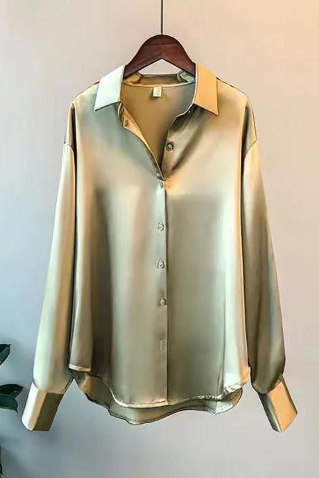 Womens Satin Button-down Shirt Long Sleeve Elegant Blouse