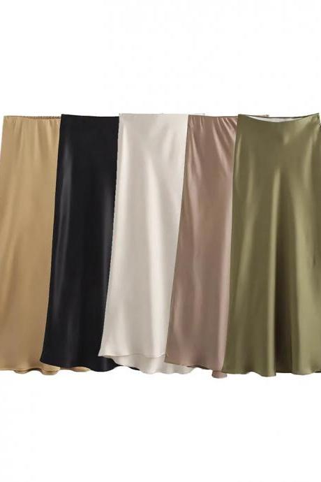 Classic Satin Midi Skirts In Assorted Neutral Colors