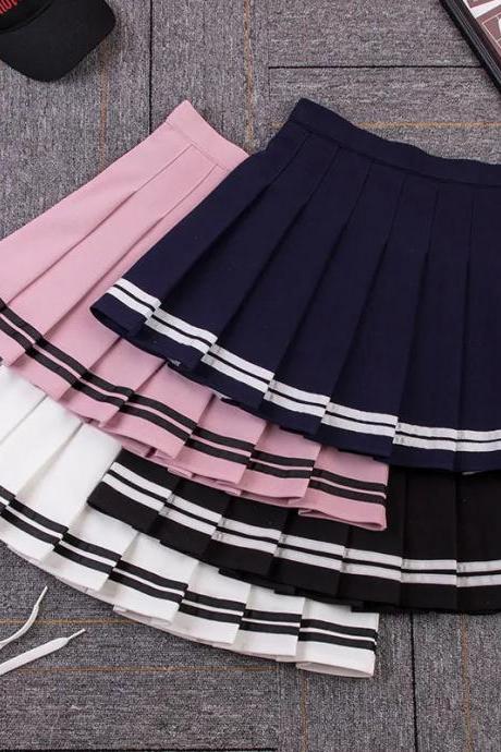 Pleated Tennis Skirts With Striped Hem - Varied Colors