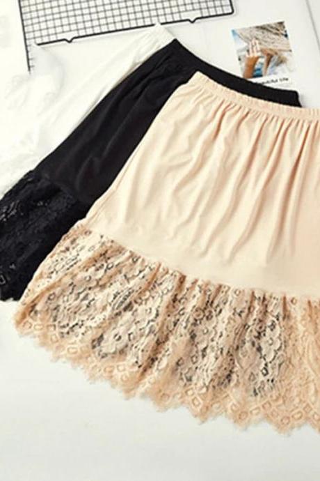 Womens Elastic Waist Lace Trim Satin Half Slip Skirt