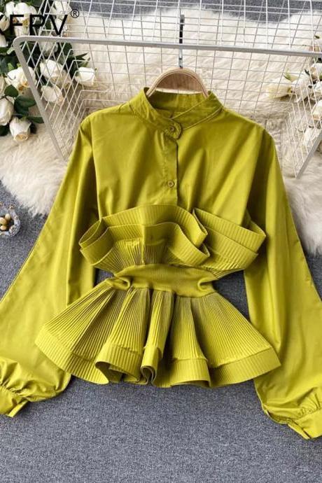 Womens Chartreuse Pleated Ruffle Detail Blouse Elegant