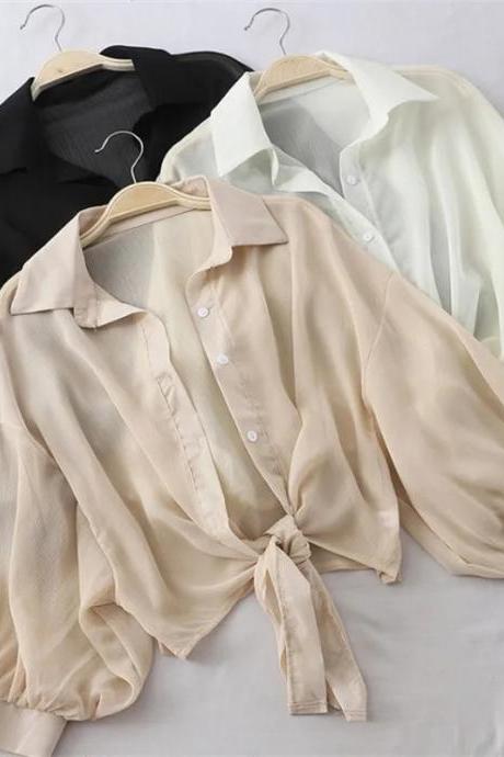 Casual Tie-front Solid Color Blouse For Women