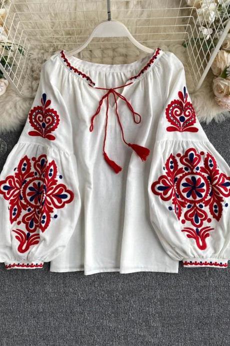 Bohemian Embroidered Peasant Blouse With Tassel Tie Neck