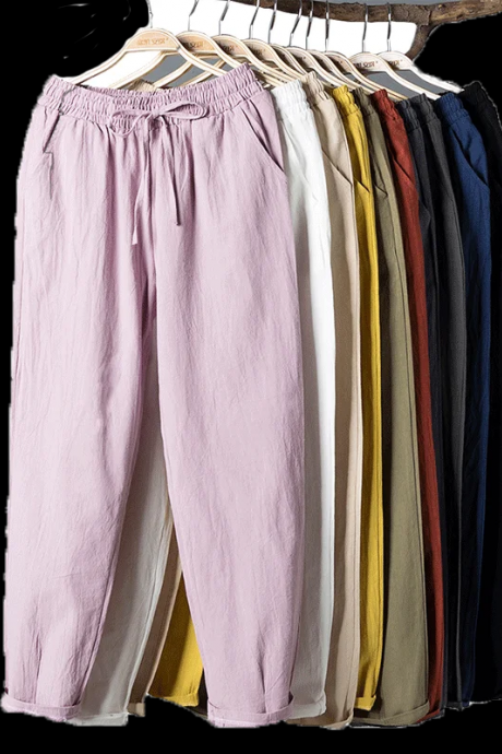 Casual Elastic Waist Solid Color Linen Trousers