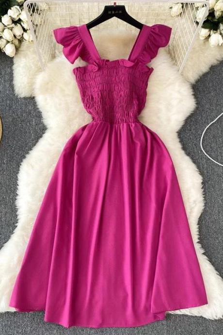 Elegant Magenta Smocked Midi Dress With Ruffle Sleeves