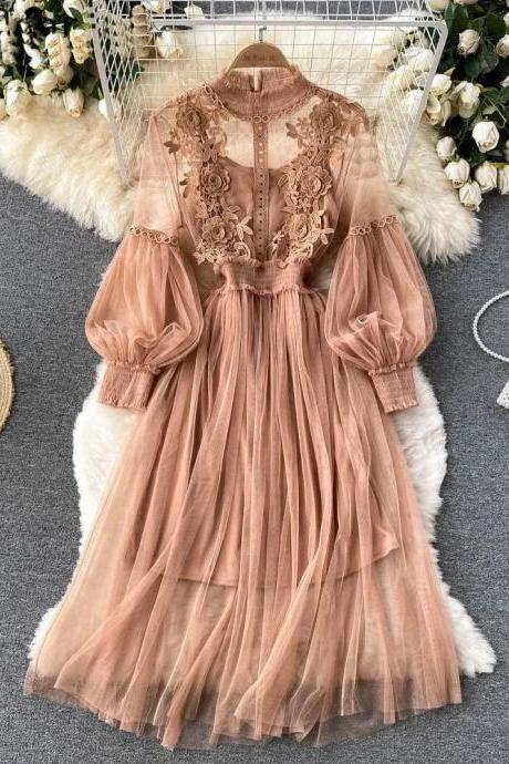 Elegant Tulle Puff Sleeve Embroidered Maxi Dress Vintage