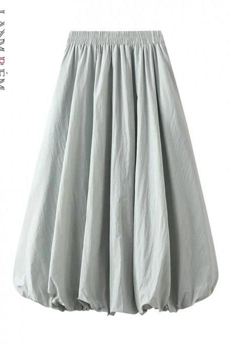 Womens High-waisted Pleated Midi Linen Skirt Casual