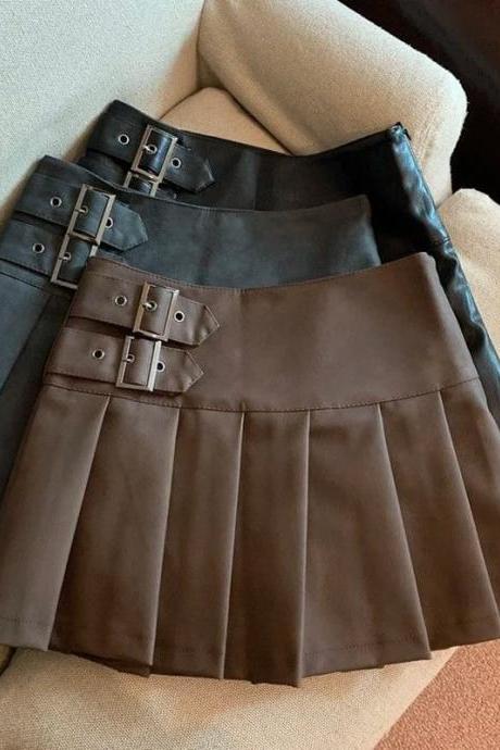 Faux Leather Pleated Mini Skirt With Buckle Details