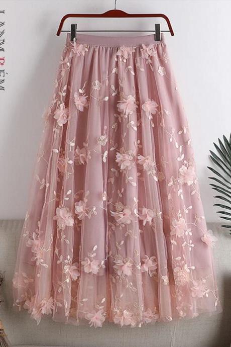 Womens Floral Embroidered Tulle Midi Skirt Elegant Fashion