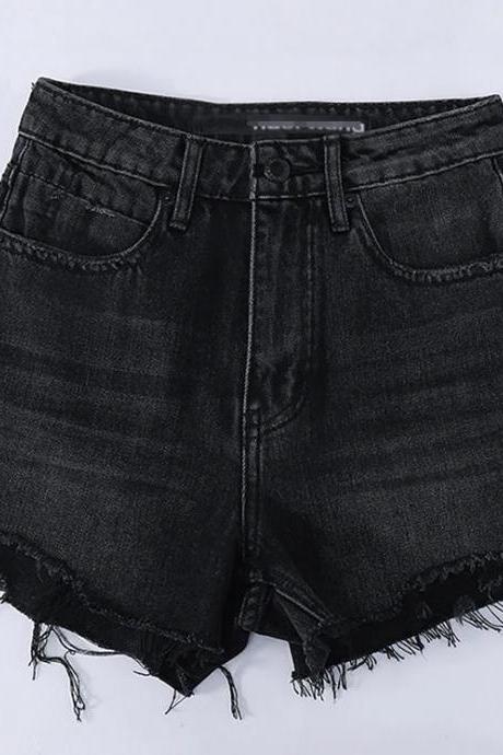 Womens High-waist Frayed Hem Black Denim Shorts