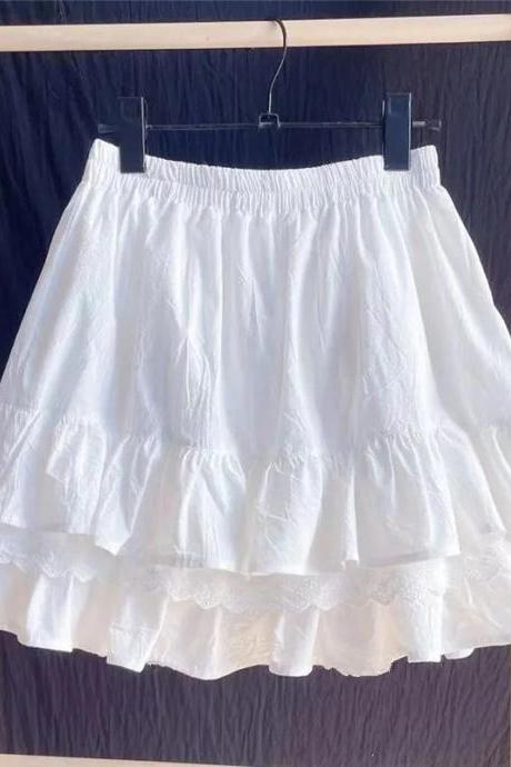 Womens Elastic Waist Lace Trim Cotton Skirt