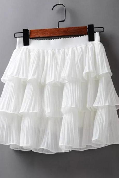 Womens Layered Ruffle Mini Skirt Elastic Waistband White