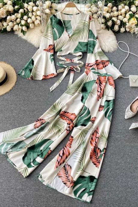 Tropical Leaf Print V-neck Maxi Wrap Dress