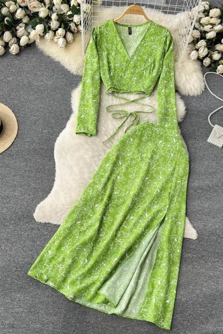 Womens Long Sleeve Floral Wrap Maxi Dress Green