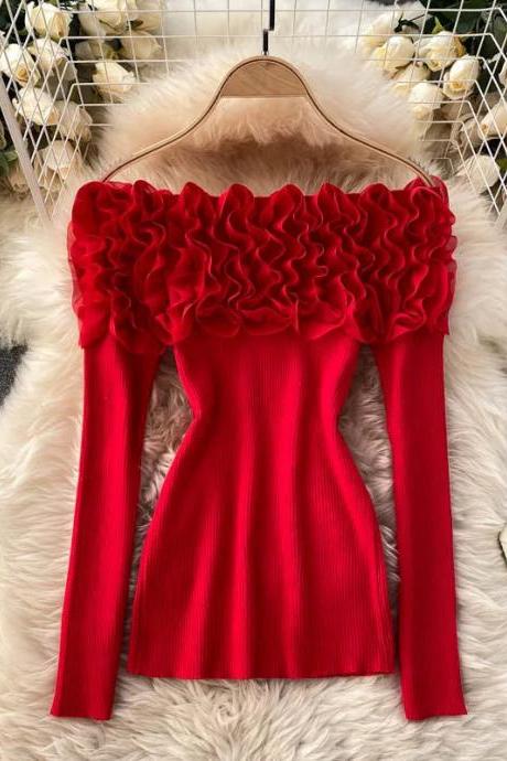 Womens Off-shoulder Ruffle Ribbed Bodycon Red Dress