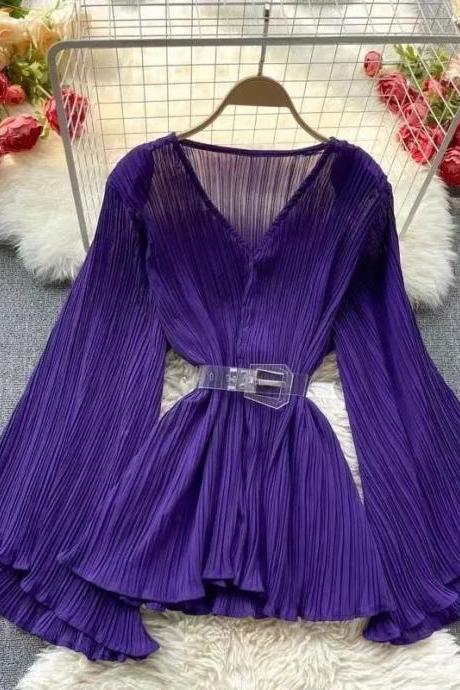 Elegant Pleated Purple Blouse With Bell Sleeves