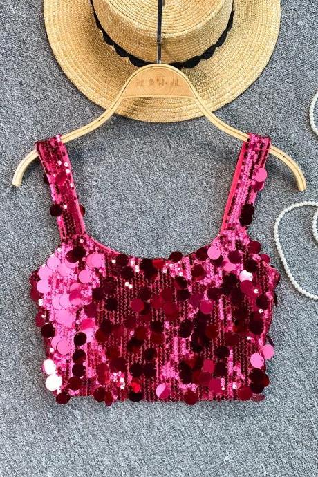 Womens Sparkling Pink Sequin Party Crop Top