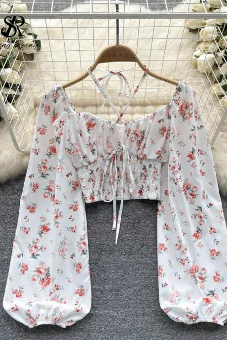Bohemian Floral Print Smocked Tie-front Womens Blouse