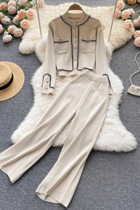 Chic Beige Womens Two-piece Pantsuit With Contrast Trim